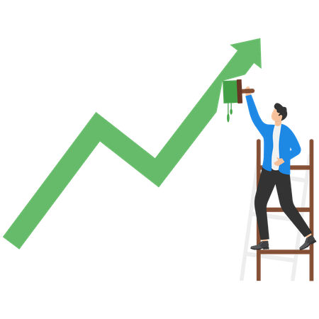 Businessman climb up stepladder to paint a wall arrow up  Illustration