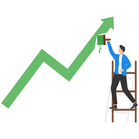 Businessman climb up stepladder to paint a wall arrow up  Illustration