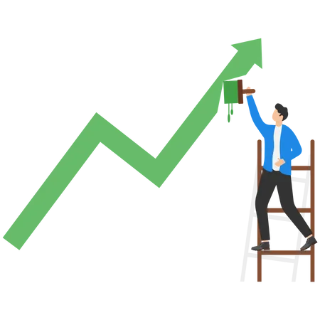Businessman Climb Up Stepladder To Paint A Wall Arrow Up Success In Business And Career Analyze Data Profit And Company Growth Flat Vector Illustration Illustration