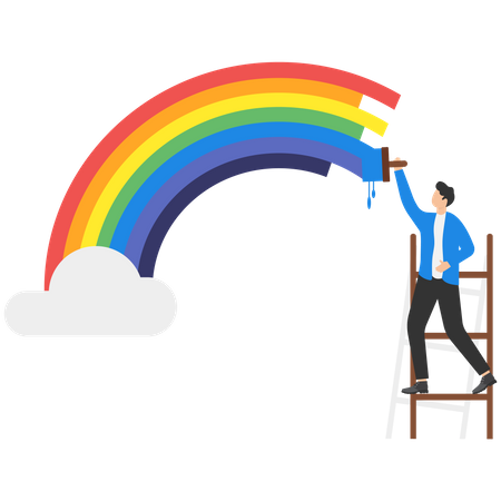 Businessman climb up stepladder to paint a wall picture of a rainbow  Illustration