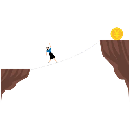 Businessman climb yuan with rope  Illustration