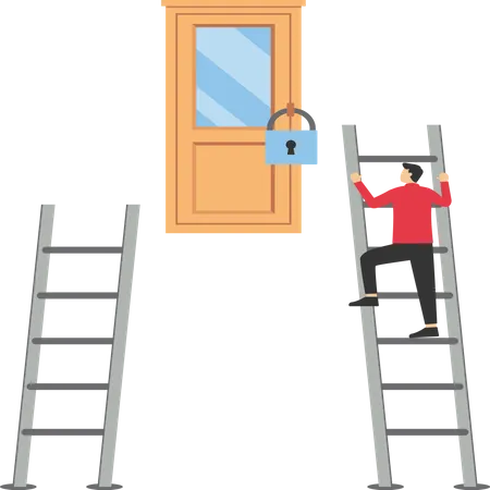 Businessman Climbed Ladder To Success And Problem Vector Illustration In Flat Style Illustration