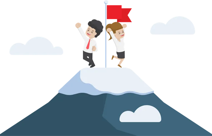 Businessman Climbed to The Top of Mountain. Business Success and Leadership Concept. Illustration
