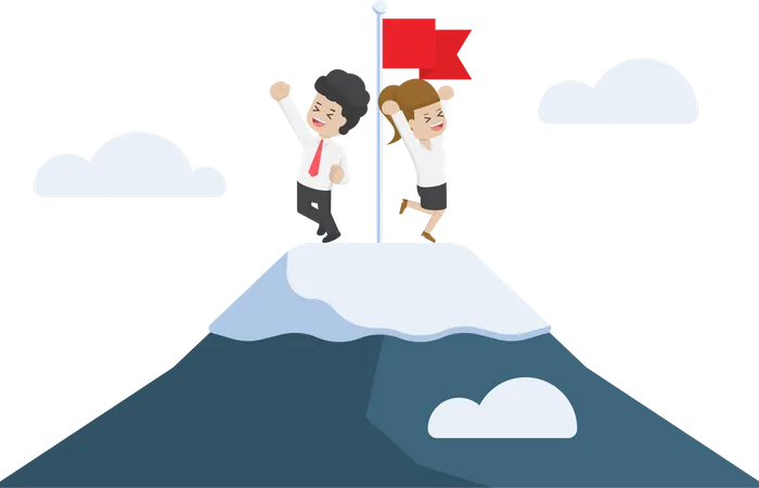 Businessman Climbed to The Top of Mountain. Business Success and Leadership Concept.  Illustration