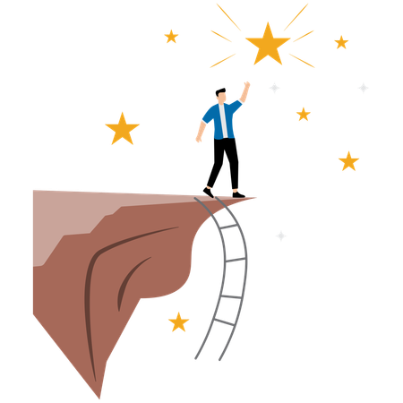 Businessman climbed to the top of the mountain to reach the big star  Illustration