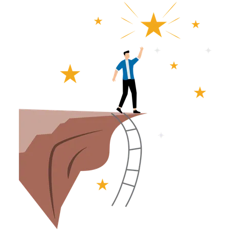 Businessman climbed to the top of the mountain to reach the big star  Illustration