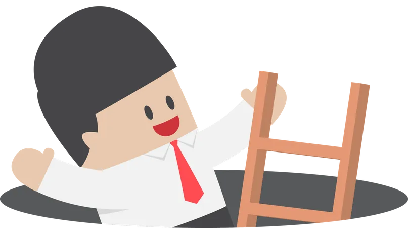 Businessman climbing a ladder out from a hole  Illustration