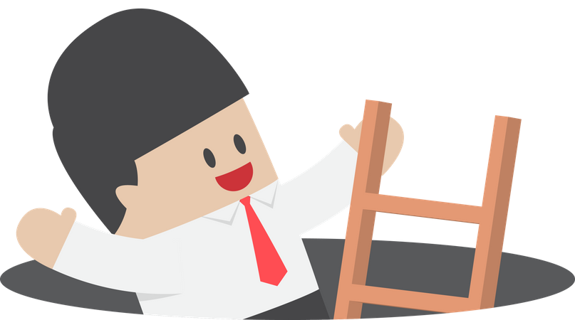 Businessman climbing a ladder out from a hole  Illustration