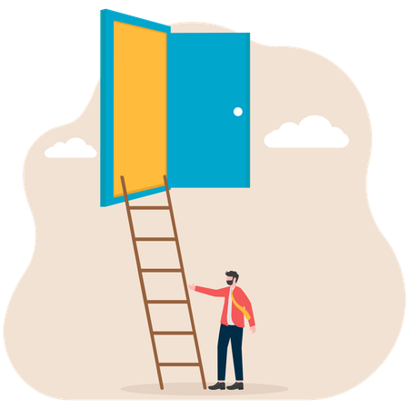 Businessman climbing a ladder to reach an open door in sky  Illustration