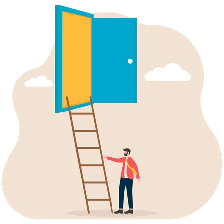 Businessman climbing a ladder to reach an open door in sky  Illustration