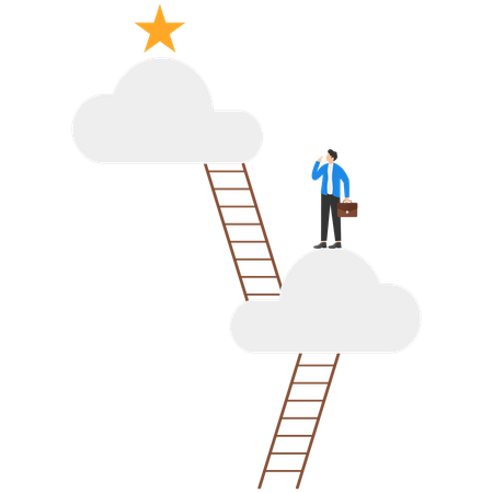 Businessman climbing career ladder to top and reaching for star  Illustration