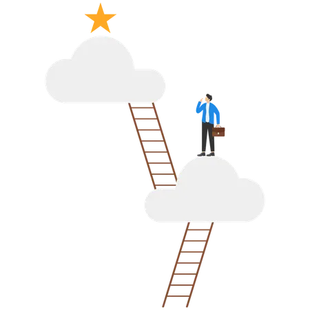 Businessman climbing career ladder to top and reaching for star  Illustration