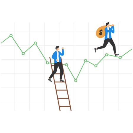 Businessman climbing down ladder against downtrend graph while another investor carrying money bag on uptrend graph  Illustration