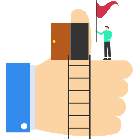 Businessman climbing ladder for thumbs up or stages of success  Illustration