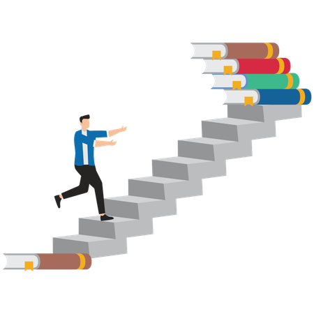 Businessman climbing ladder from one book to reach more books  Illustration