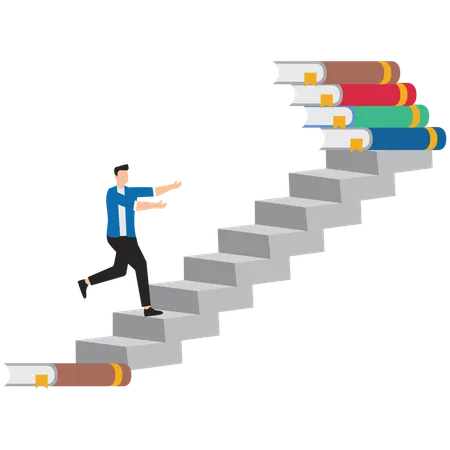 Businessman climbing ladder from one book to reach more books  Illustration