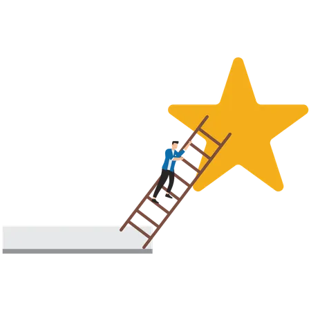 Businessman climbing ladder leaning against big star  Illustration