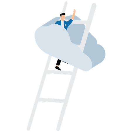 Businessman climbing ladder to cracked sky  Illustration