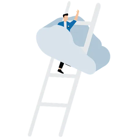 Businessman climbing ladder to cracked sky  Illustration