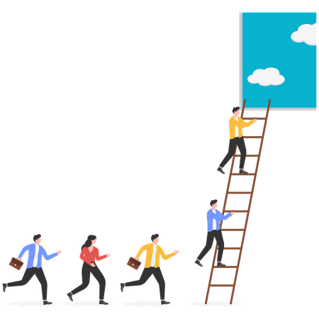 Businessman climbing ladder to door with blue sky  Illustration