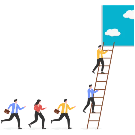 Businessman climbing ladder to door with blue sky  Illustration