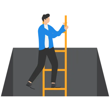 Businessman Character Climbing A Ladder To Escape From Problem Illustration Find The Best Solution In Business Illustration