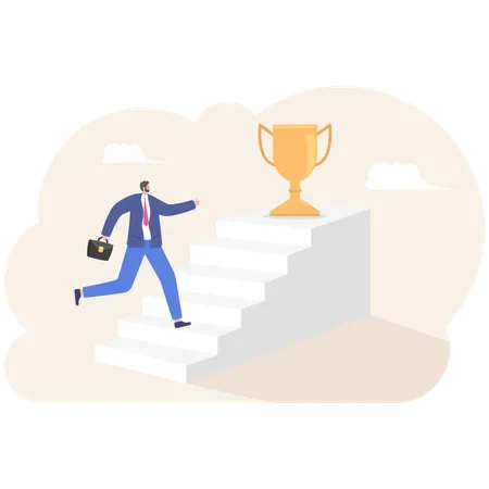 Businessman climbing ladder to golden trophy  Illustration