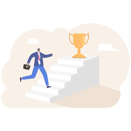 Businessman climbing ladder to golden trophy  Illustration
