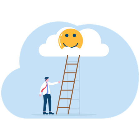 Businessman climbing ladder to grab optimistic  Illustration