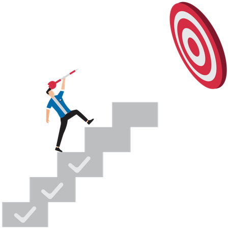 Businessman Climbing Ladder to Hit Arrow Target  Illustration