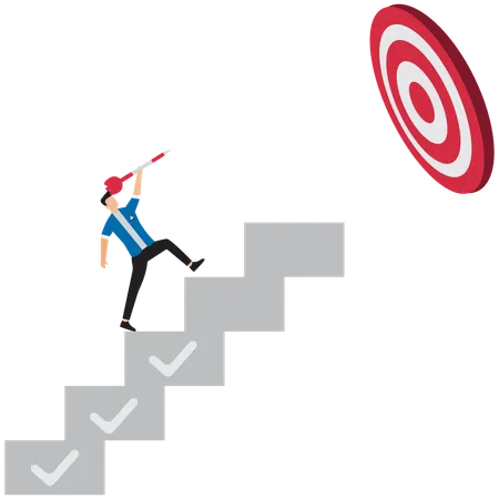 Businessman Climbing Ladder to Hit Arrow Target  Illustration