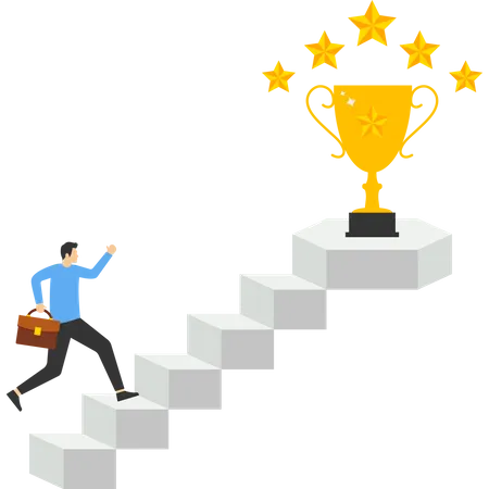 Motivation Concept Hope For Success In Business Achievement Or Achievement Of Business Goals Confident Smart Businessman Climbing The Ladder To The Top For The Prize Of A Valuable Trophy Illustration