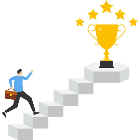 Businessman climbing ladder to top for prize of valuable trophy  Illustration