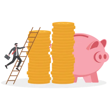 Businessman climbing ladder to top of stack of money coins rich and wealthy goals  Illustration