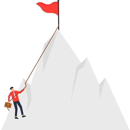 Businessman Climbing Mountain to Reach Red Flag  Illustration
