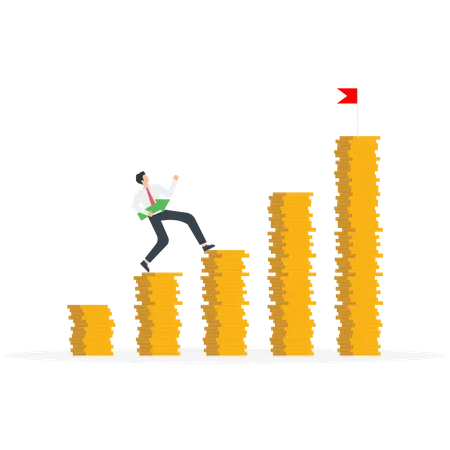 Financial And Economic Growth Increase In Income And Increase In The Level Of Wages Profit From Investments And Bank Deposits Success In Managing Own Capital A Man Runs On Growing Piles Of Coins Vector Illustration