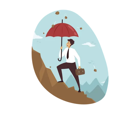 Businessman climbing on montain with umbrella  Illustration