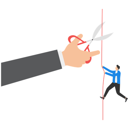 Businessman climbing on rope and giant hand with scissors cutting rope  Illustration