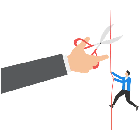 Businessman climbing on rope and giant hand with scissors cutting rope  Illustration