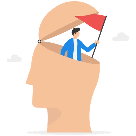 Businessman Climbing On Top Of His Mind Holding A Winning Flag For A Business Goal Growth And Career Development Concept Modern Vector Illustration In Flat Style イラスト
