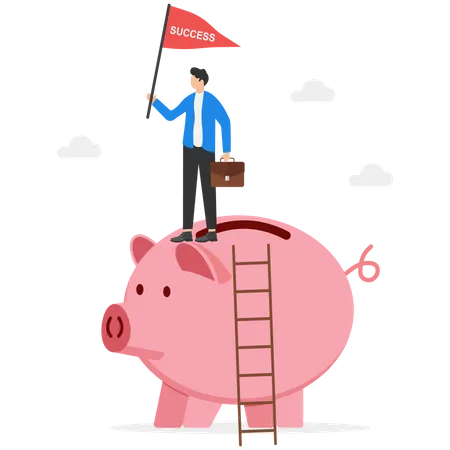 Businessman Climbing On Top Of Pink Piggy Bank Holding A Winning Flag For A Business Goal Modern Vector Illustration In Flat Style Illustration
