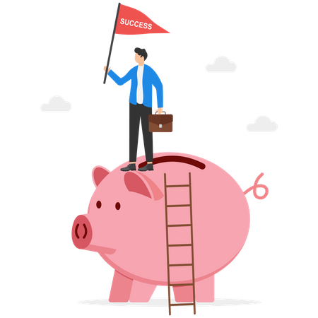 Businessman climbing on top of pink piggy bank  Illustration