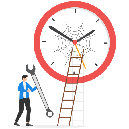 Businessman climbing on wrench to repair broken clock  Illustration