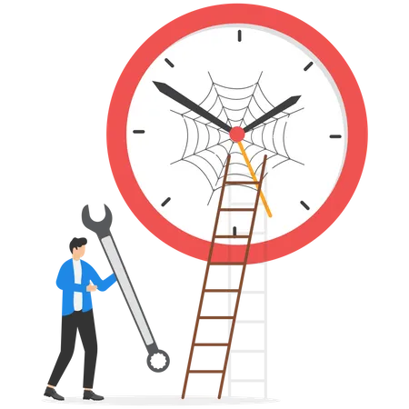 Businessman climbing on wrench to repair broken clock  Illustration