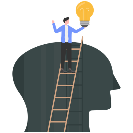 Businessman climbing out of  brain holding light bulb  Illustration