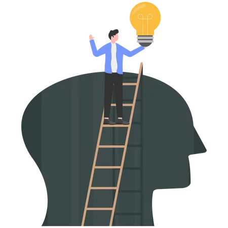 Businessman climbing out of  brain holding light bulb  Illustration