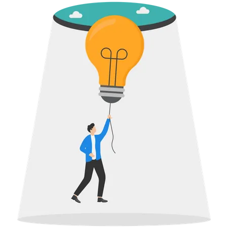 Innovation To Solve Business Problem Idea And Creativity To Achieve Business Success Concept Businessman Climbing The Rope From Light Bulb Idea To Escape Prison Fish Bowl Illustration