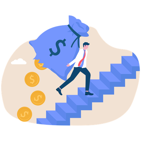 Businessman climbing staircase with broken wallet  Illustration