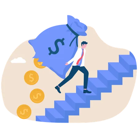 Businessman climbing staircase with broken wallet  Illustration