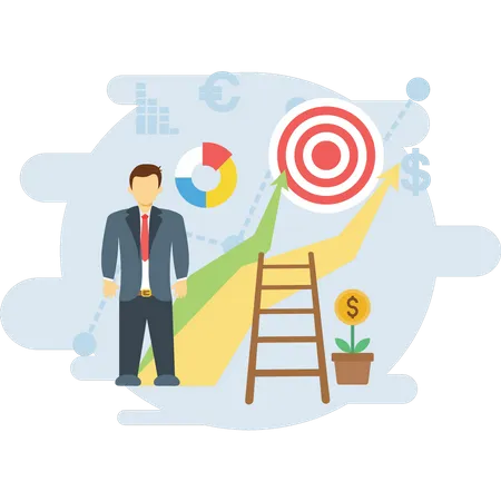 Businessman climbing stairs towards goal  Illustration